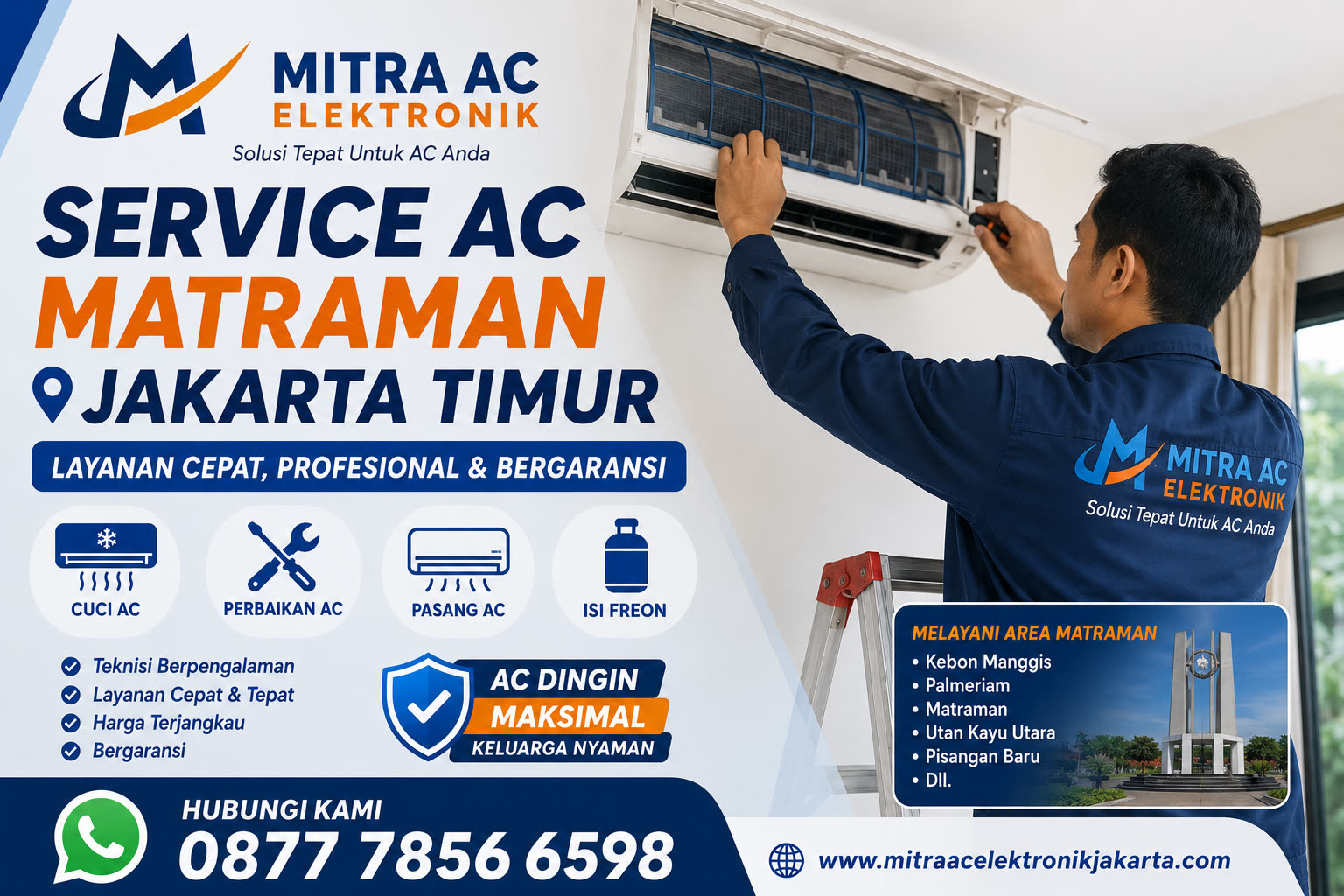 Teknisi Service AC Matraman Jakarta Timur Sedang Mencuci AC Split di rumah pelanggan oleh Mitra AC Elektronik Jakarta