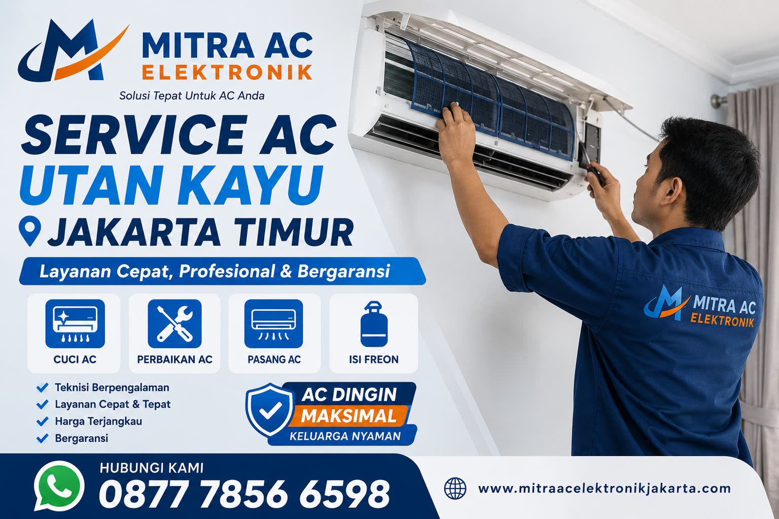 Service Ac Utan Kayu Jakarta Timur Teknisi profesional Mitra Ac Elektronik sedang melakukan perbaikan AC di Utan Kayu Jakarta Timur dengan peralatan lengkap
