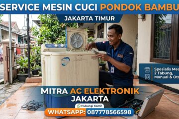 Teknisi Mitra AC Elektronik memperbaiki mesin cuci di Pondok Bambu Jakarta Timur