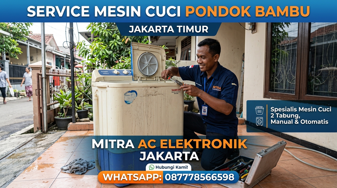 Teknisi Mitra AC Elektronik memperbaiki mesin cuci di Pondok Bambu Jakarta Timur